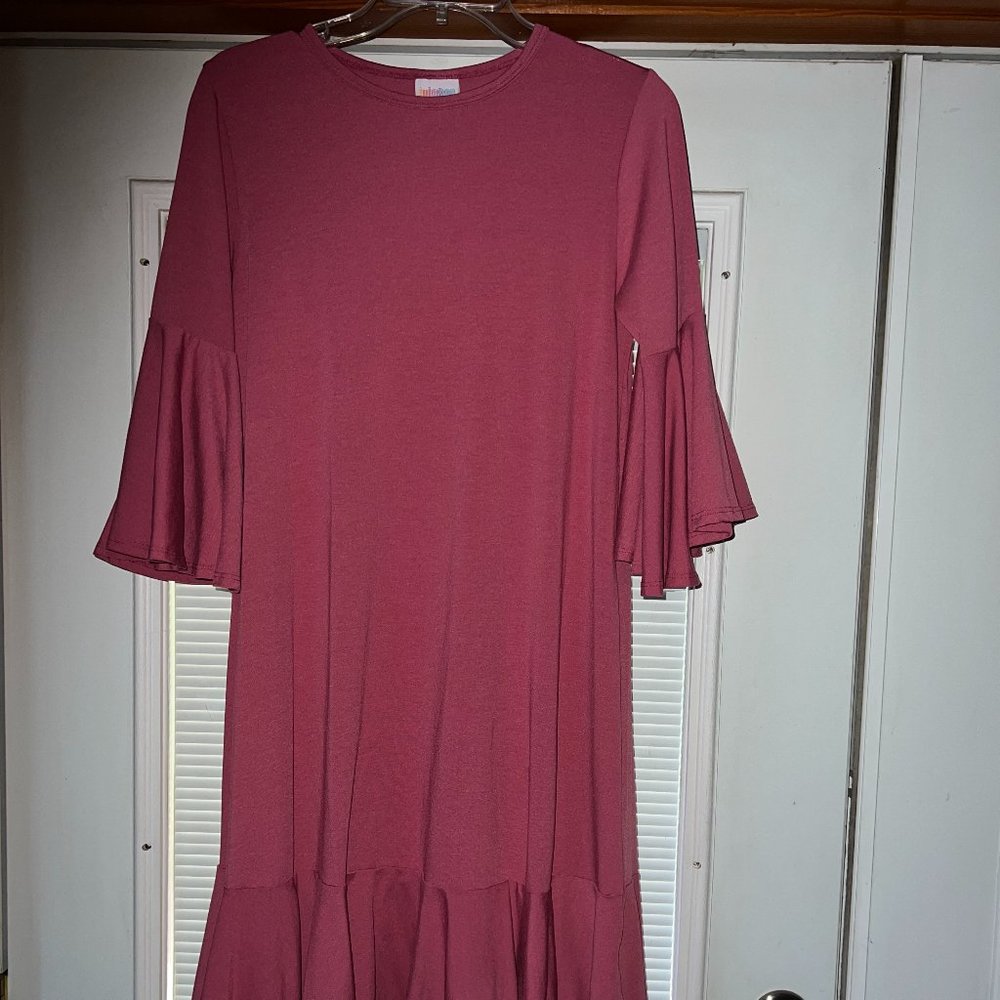 LuLaRoe Maureen Small Mauve Dress Ruffle Bell Sleeve
